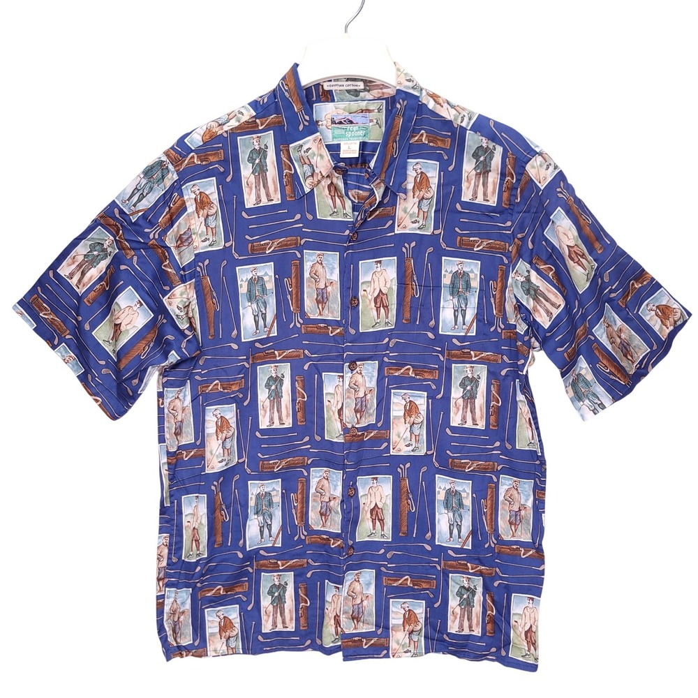Reyn Spooner Mens Egyptian Cotton Golf Print Hawaiian Shirt Blue Large Hawaii